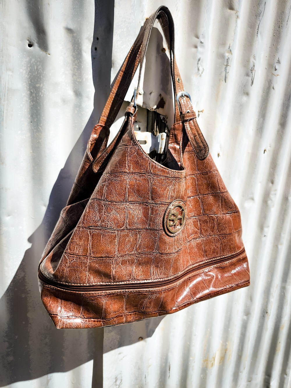 Sag Harbor Brown Croc Embossed Shoulder Bag Large Hobo Tote Faux Leather